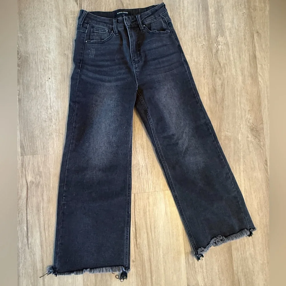 Risen Wide Leg Black Jeans with Frayed Hem - Picture 1 of 4